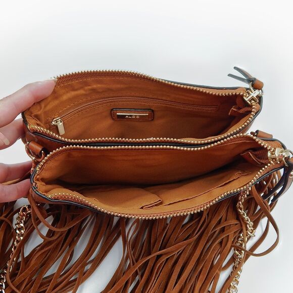 Aldo Brown Fringed Crossbody Bag Zippered Chain Faux Leather 8 Inch Boho - Picture 8 of 14